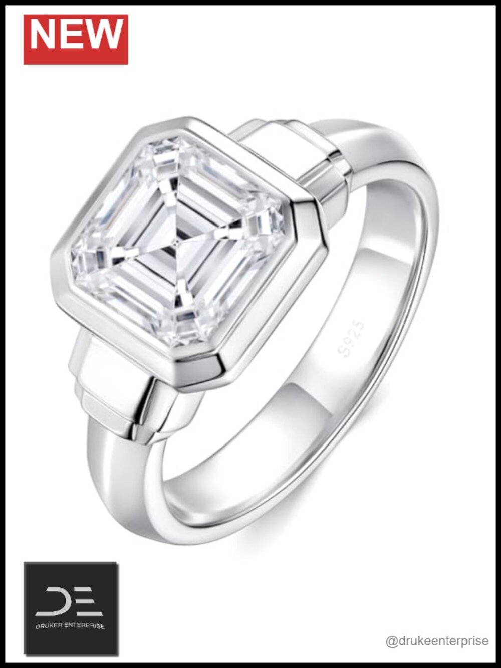 2.5CT Asscher Moissanite Bezel Solitaire Engagement Ring 925 Sterling Silver